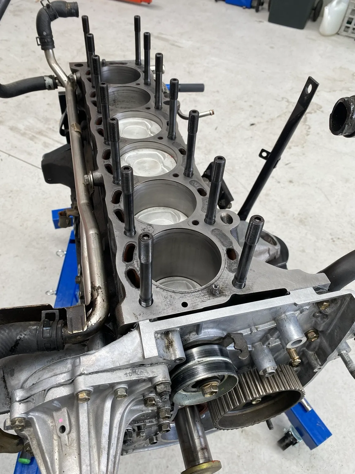 European engine block prepared for detailed repair