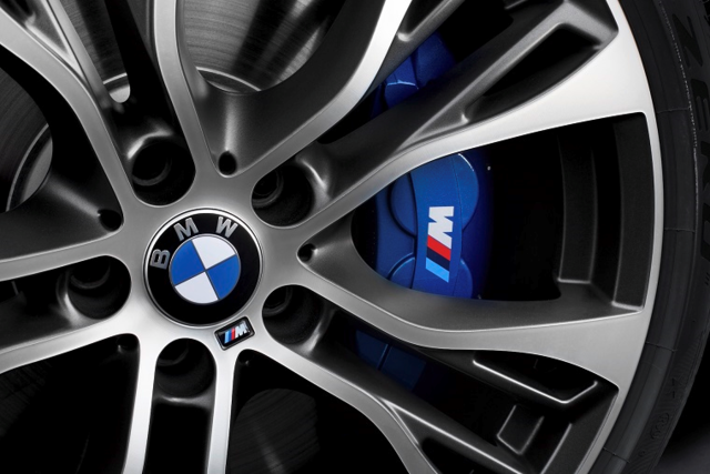 BMW OEM wheel and M brake caliper close-up