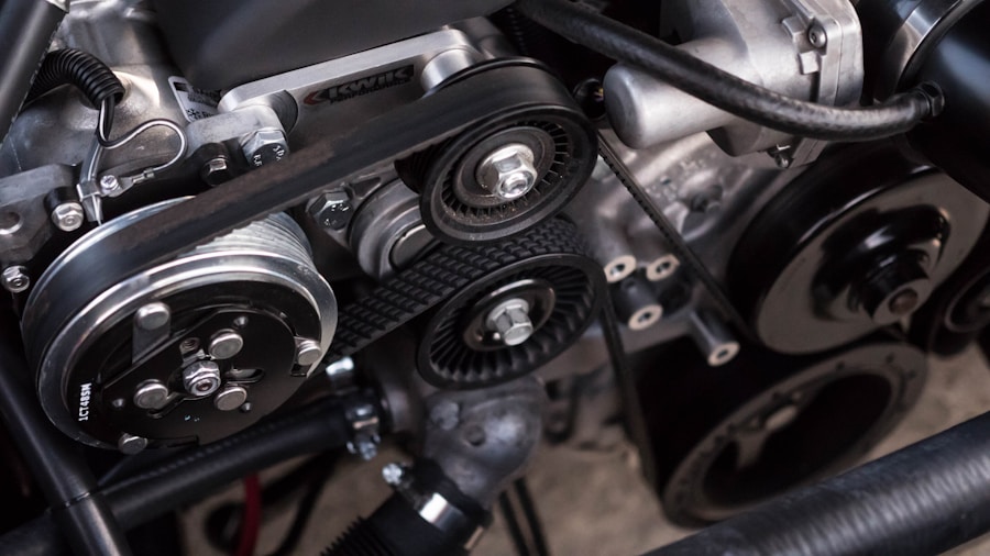 Engine accessory drive belt and pulleys close-up
